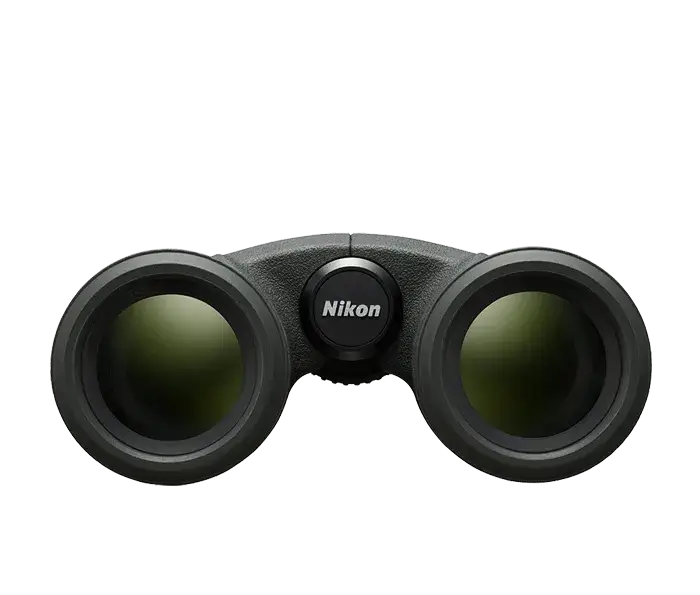 Nikon MONARCH HG binoculars product photo of the front objective lenses on a white background.