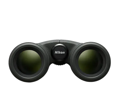 Nikon MONARCH HG binoculars product photo of the front objective lenses on a white background.