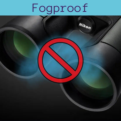 Nikon binoculars with a fogproof symbol overlay on a dark background