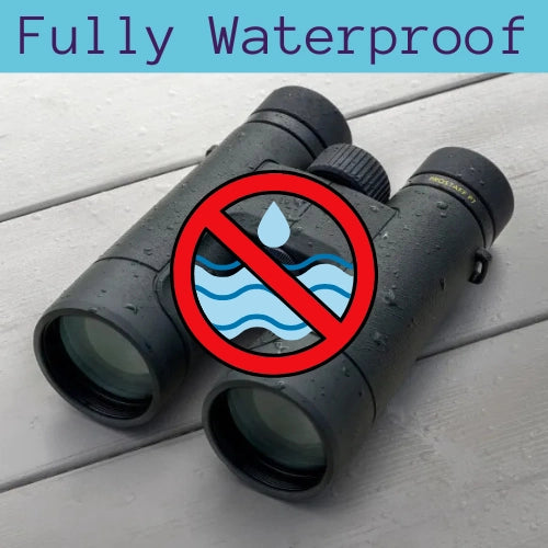 Binoculars on a wooden surface with a 'fully waterproof' symbol and text indicating they are fully waterproof.