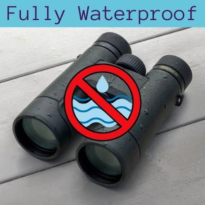 Binoculars on a wooden surface with a 'fully waterproof' symbol and text indicating they are fully waterproof.