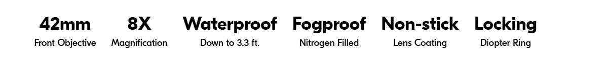 List of product features including size, magnification, water and fog resistance, nitrogen filling, lens coating, and diotper  ring on a white background.
