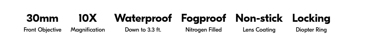 List of features on a product label including 30mm front objective, 10x magnification, waterproof, fog proof, non-stick, and locking properties.