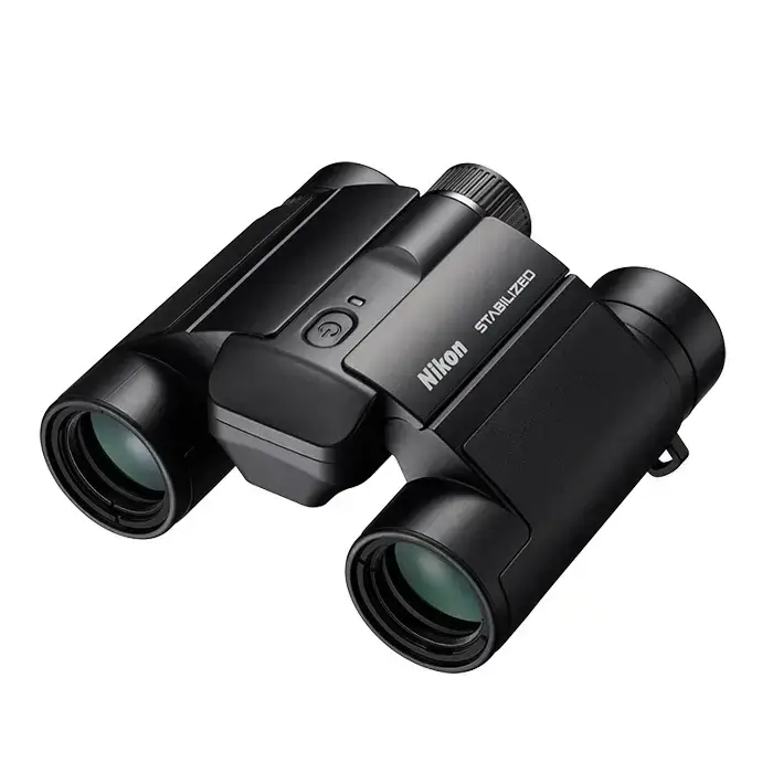 Black Nikon binoculars on a white background