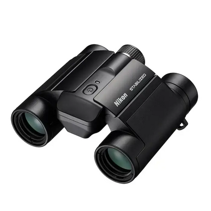Black Nikon binoculars on a white background