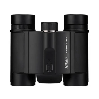 Black Nikon binoculars on a white background