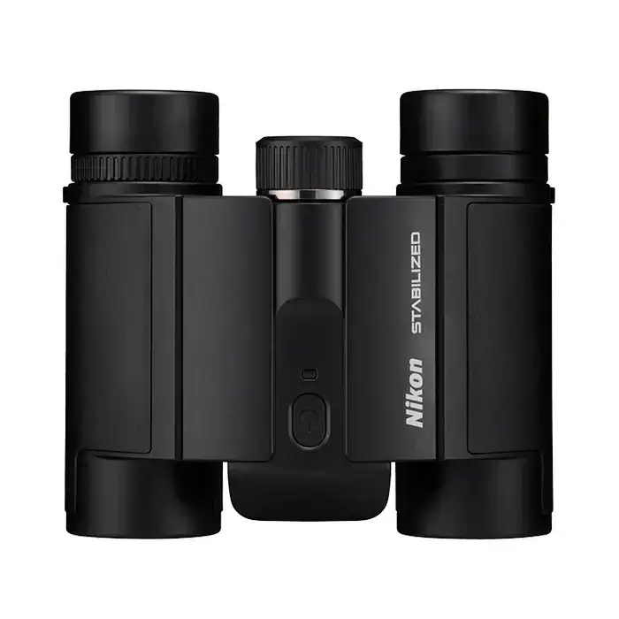 Black Nikon binoculars on a white background