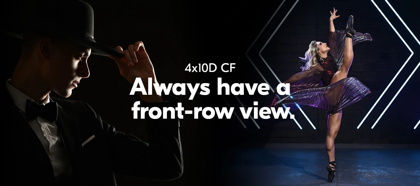 Dancer in a purple outfit performing on stage with text 'Always have a front-row view' and '4x10D CF'.