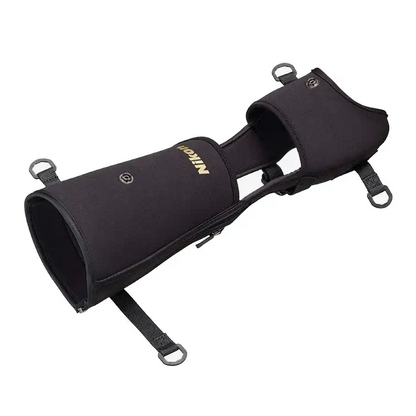 Front Left side of the carrying case made of flexible cloth material, some straps and buckles on a white background.