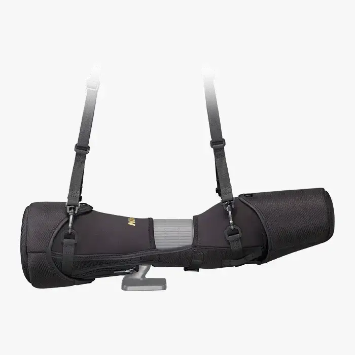 Left side view of Carrying case closed with shoulder strap. 
