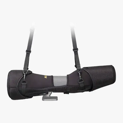 Left side view of Carrying case closed with shoulder strap. 
