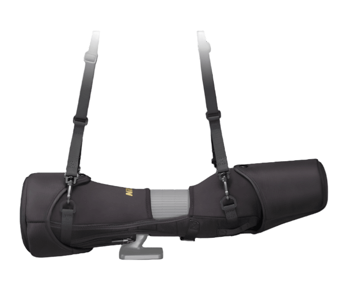 Left side view of Carrying case closed with shoulder strap. 
