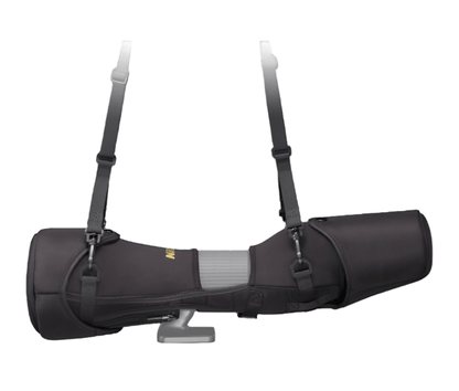 Left side view of Carrying case closed with shoulder strap. 
