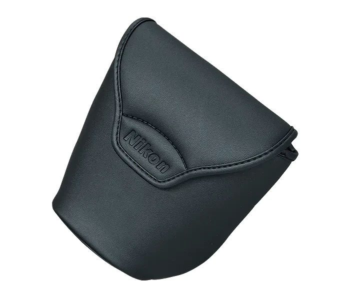 Black camera lens case with Nikon logo on a white background