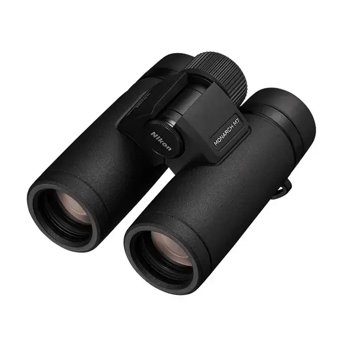 Front left side view of the Nikon Monarch M7 Binoculars on a white background.