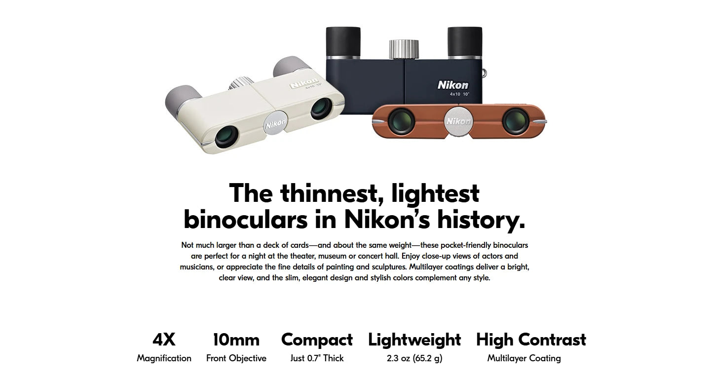 Three pairs of Nikon binoculars in different colors on a white background with product details.