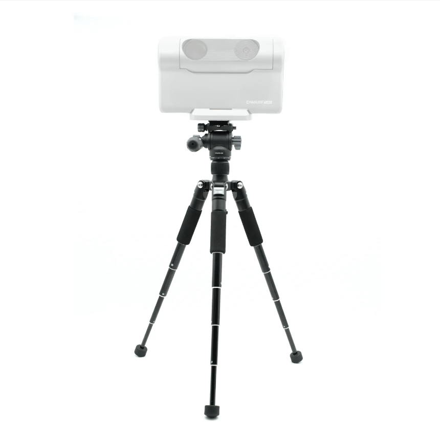 Black tripod with telescope holder on a white background