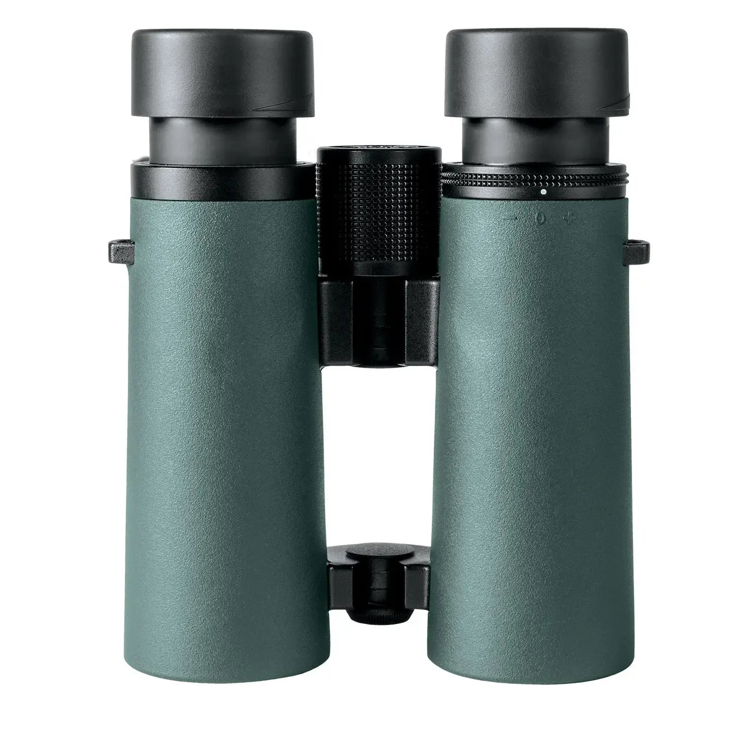 Alpen Optics Wings 8x42 Binoculars bottom view focus eyepieces expanded. 
