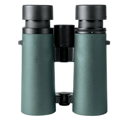 Alpen Optics Wings 8x42 Binoculars bottom view focus eyepieces expanded. 