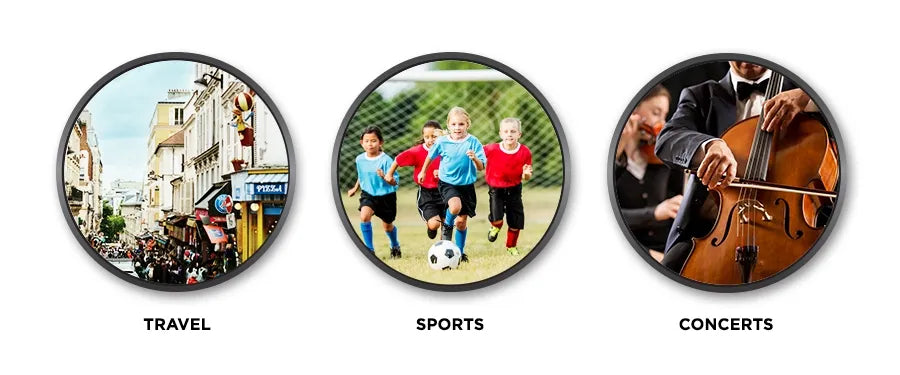 Three circular images labeled 'Travel', 'Sports', and 'Concerts' with corresponding scenes.