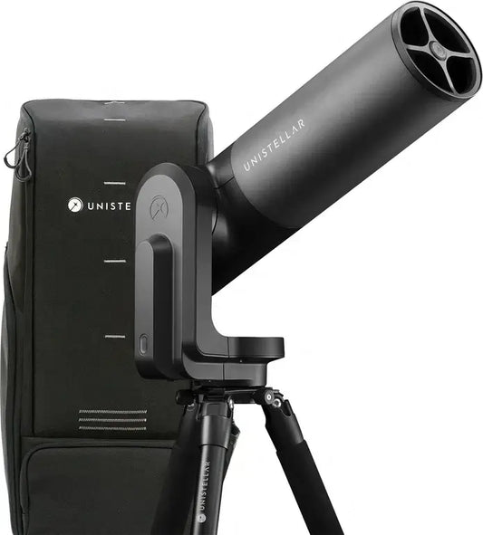 Black Unistellar telescope on a white background
