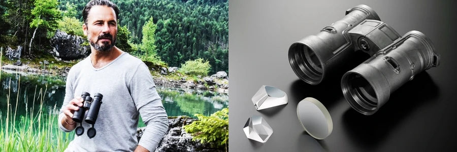 A person holding binoculars on the left  pane and in the right pane is a pair of binoculars with crystals and a lens in front of it on a dark background.