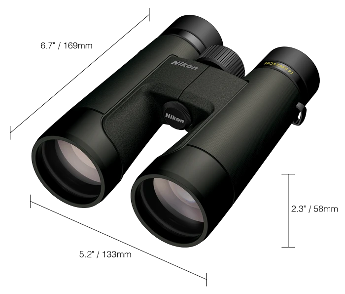 Nikon binoculars with dimensions labeled on a white background