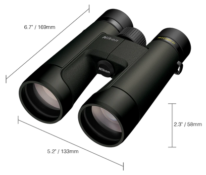 Nikon binoculars with dimensions labeled on a white background