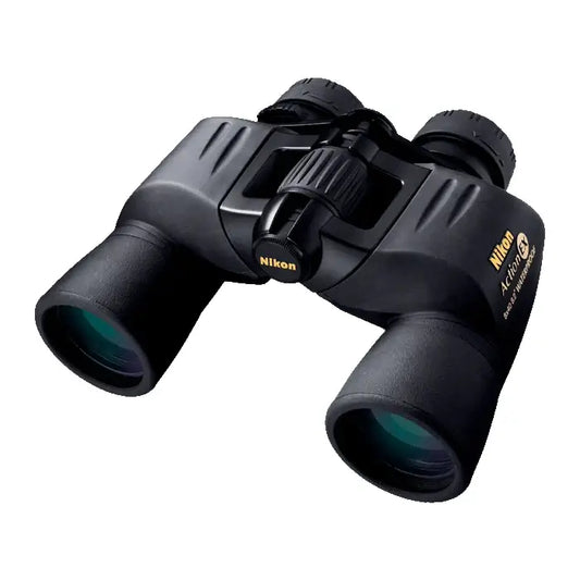 Top right view of the Nikon Action EX Extreme binoculars on a white background.