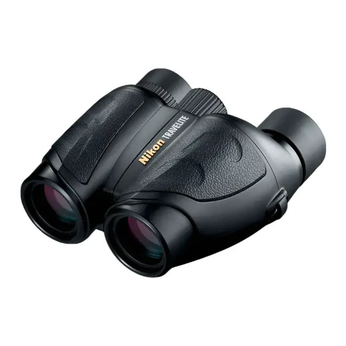 Top right front view of the Nikon Travelite binoculars on a white background.