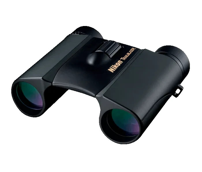 Black Nikon binoculars on a white background