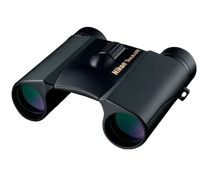 Black Nikon binoculars on a white background