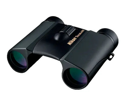 Black Nikon binoculars on a white background