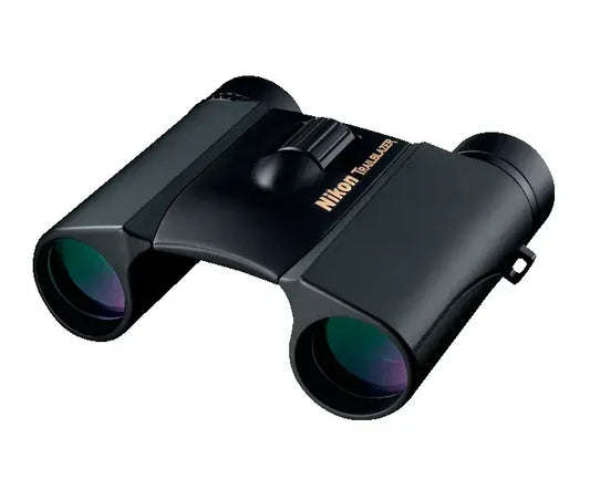 Black Nikon binoculars on a white background