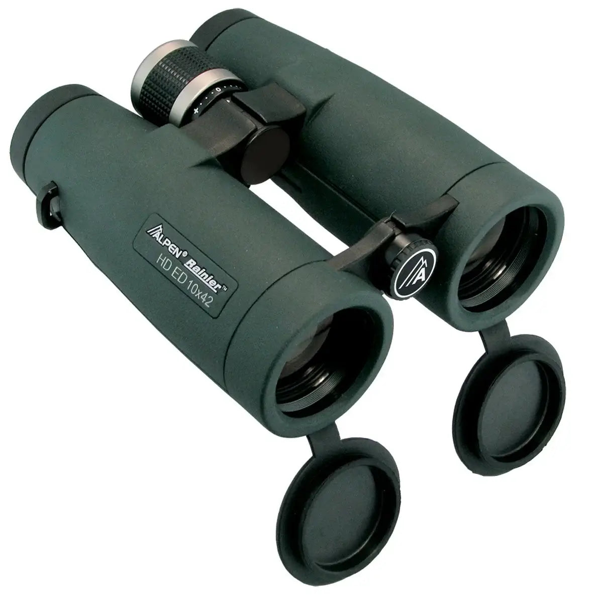 Top right and lens caps open on the Alpen Rainier ED HD Binoculars.