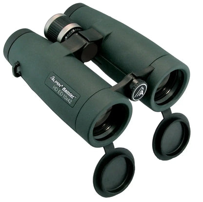Top right and lens caps open on the Alpen Rainier ED HD Binoculars.