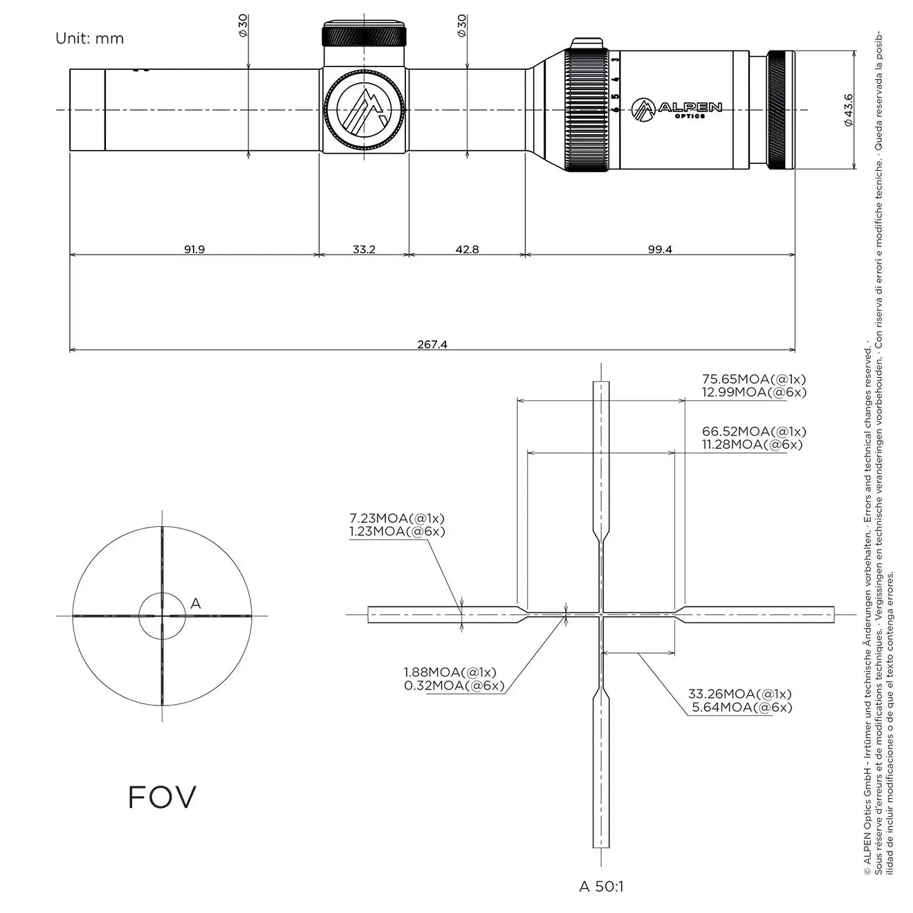XP 1-6x24 Duplex Riflescope with SmartDot diagram and measurements. 