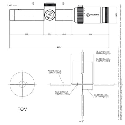 XP 1-6x24 Duplex Riflescope with SmartDot diagram and measurements. 
